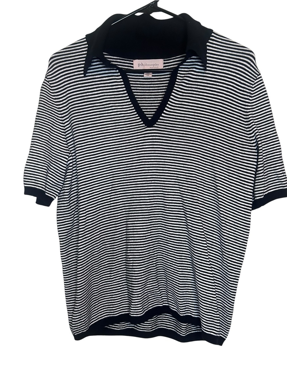 Philosophy Black and White Striped Short Sleeve V-Neck Polo